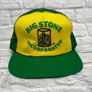 Vintage Mesh Snapback Trucker Hat Yellow Green Farm Big Stone Inc Made in USA